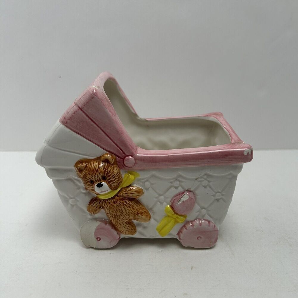 Nursery Baby Carriage Planter Ceramic Buggy Stroller Home Decor Vintage China